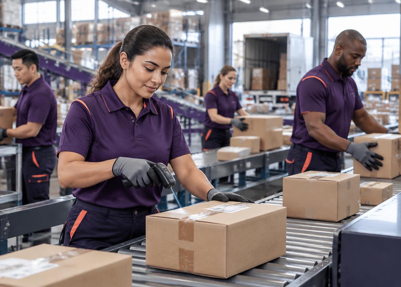Courier team scanning and sorting parcels at a distribution hub